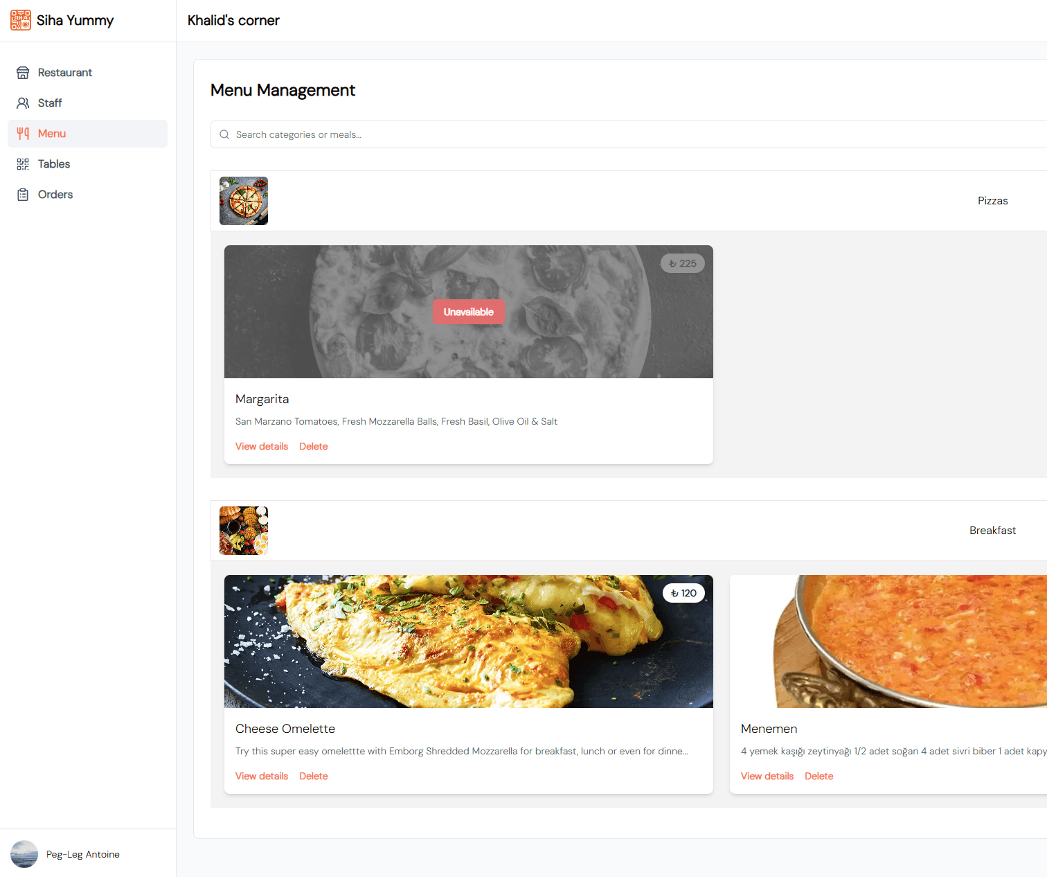 Restaurant management dashboard